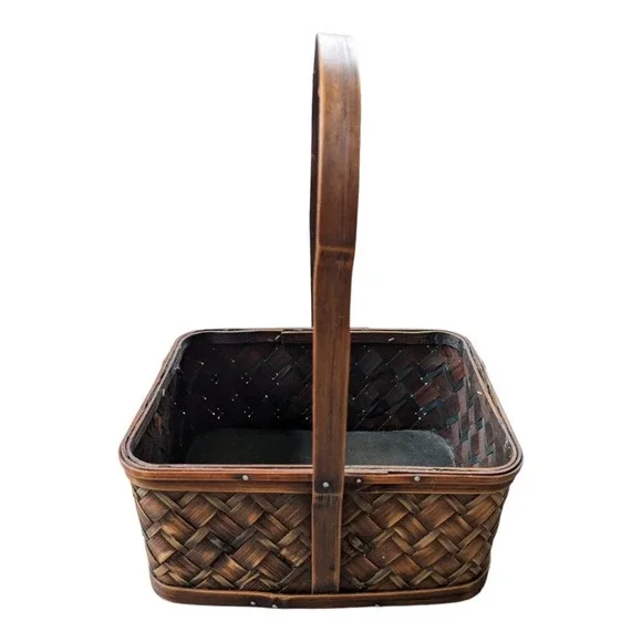 Wood Woven Basket with Handle Two Toned  Rectangular - Picture 4 of 8